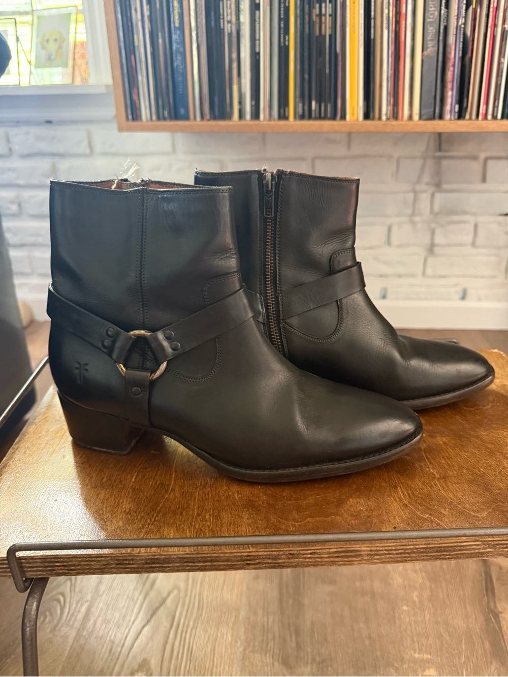 Frye Black Leather Ankle Boots with Harness Detail